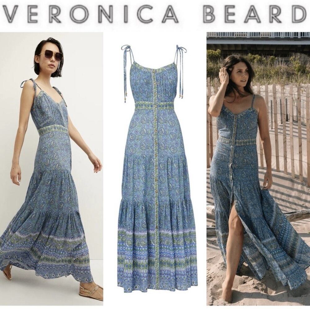 Veronica Beard Blue Paisley Print Windansea Tie Strap Button Up Maxi Dress XS
